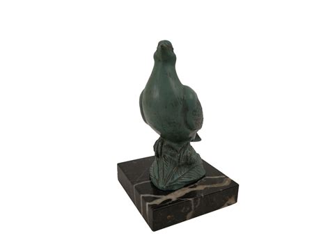 Art Deco Pigeon Statue on Marble Base, 1930s French Bird Racing Trophy