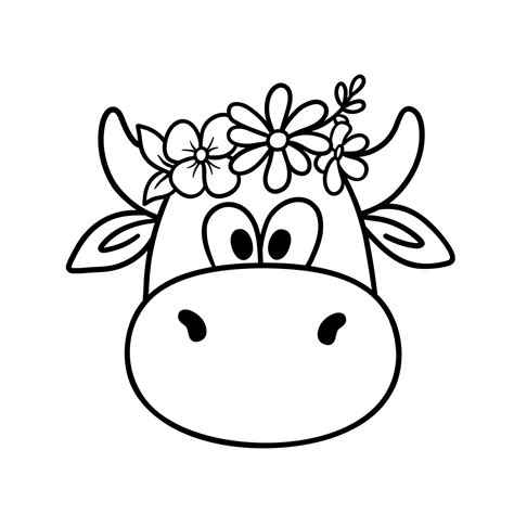 Funny cow with flowers on head. Black and white illustration in outline ...