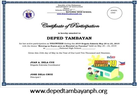 Templates of Brigada Eskwela 2019 Certificate of Participation ...