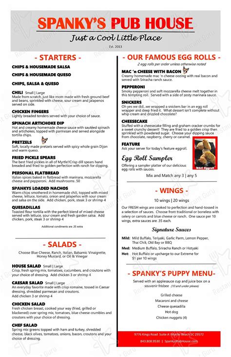 Menu at Spanky's Roadhouse & Grill pub & bar, North Myrtle Beach