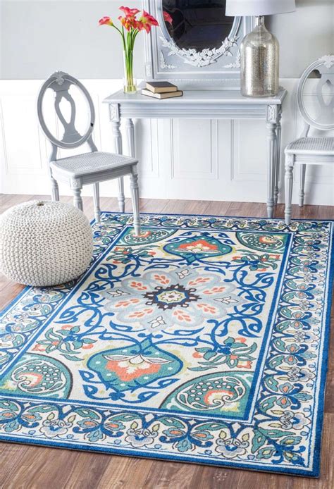 Flourish Jewel Tone Floral Printed Blue Rug | Rugs on carpet, Blue area ...