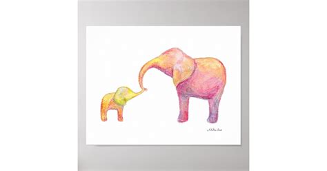 Elephant Mom & Baby Nursery Art Watercolor Animal Poster | Zazzle