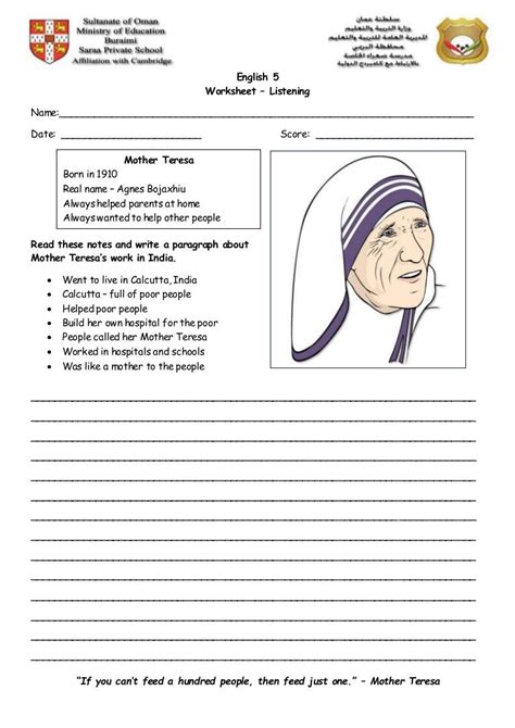 Worksheet: Writing activity about Mother Teresa