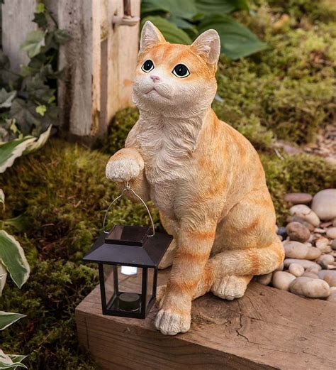 Realistic Resin Cat Sculpture with Solar-Powered Lantern | Statues & Sculptures | Garden Art ...