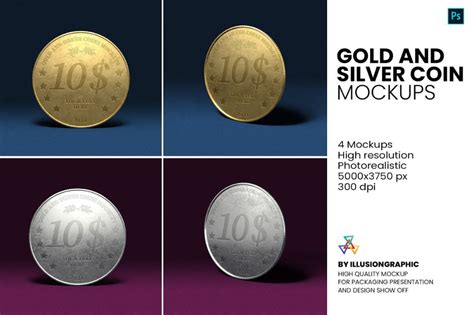 three different images of gold and silver coin mockups for photoshopped with text