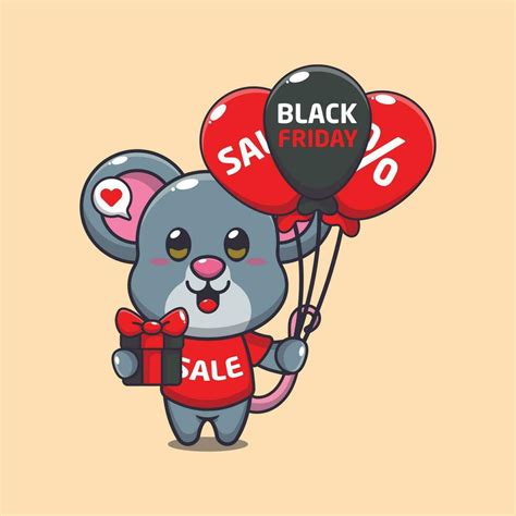 cute mouse with gifts and balloons in black friday sale cartoon vector ...