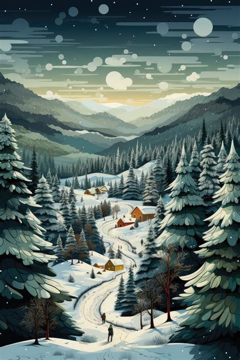 Snowy Landscape in Watercolor Style. a Snow-covered Village with Wooden Houses in the Forest ...