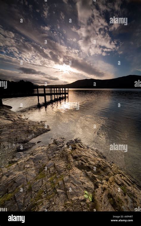 Sunrise over Derwent Water Landing Stage Stock Photo - Alamy