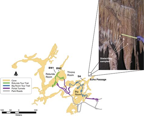 Map of Kartchner Caverns. The map indicates the location of tour trails ...