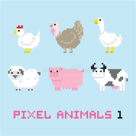 Pixel Art Style Farm Animals Cartoon Vector Set 1 Stock Vector - Illustration of chicken, white ...