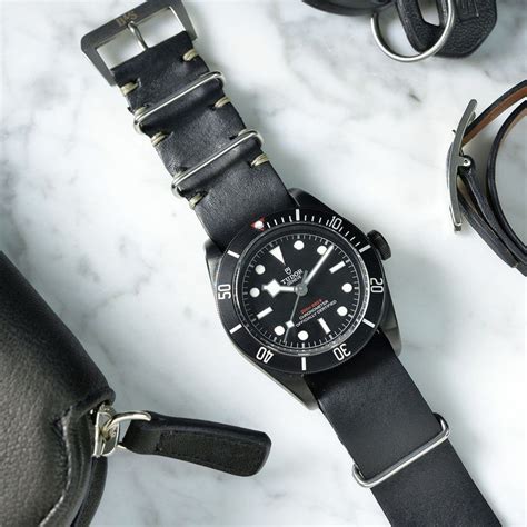 Black Nato Leather Watch Strap