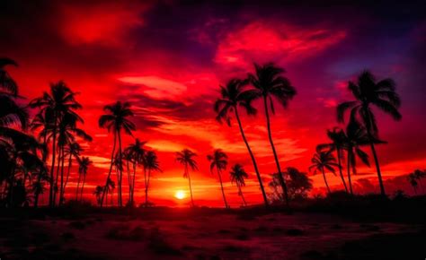 Premium Photo | Orange sunset over a beach with palm trees