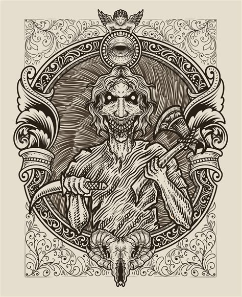 illustration scary zombie with engraving ornament 13704088 Vector Art ...