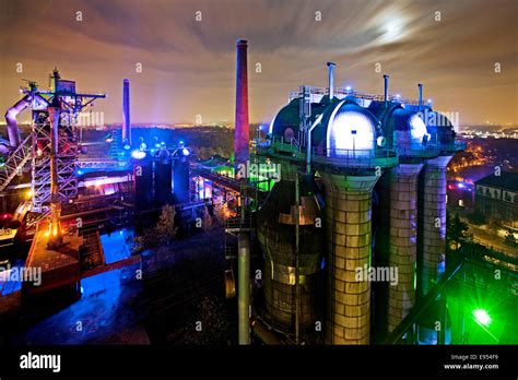 Landschaftspark Duisburg-Nord, public park on a former industrial site, illuminated at night ...