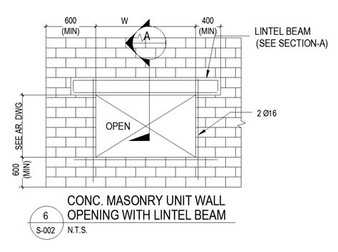 Concrete masonry unit wall opening with lintel beam is given in this Autocad drawing file ...