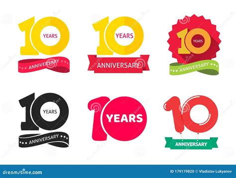 10 Years Anniversary Logo Vector Icon or 10th Year Birthday Symbol Collection Flat Cartoon, Ten ...