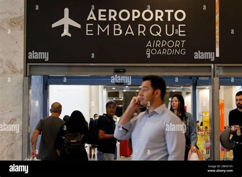 Santos Dumont Airport Rio de Janeiro. Airline passengers queue at terminal for arrival and ...