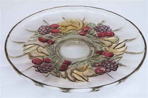 Della Robbia fruit wreath cake plate or low stand, colored stain banana ...