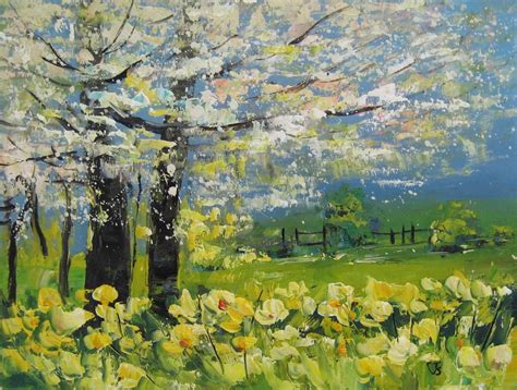 SPRING DAFFODILS CHERRY BLOSSOM TREES Impressionist LANDSCAPE Oil Painting ART | eBay