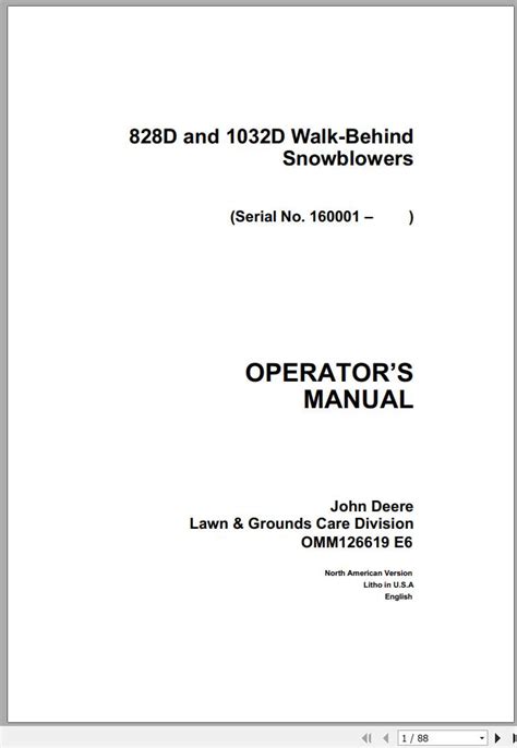 John Deere Walk-Behind Snowblowers 828D 1032D SN 160001 Operator Manual OMM126619 E6 PDF