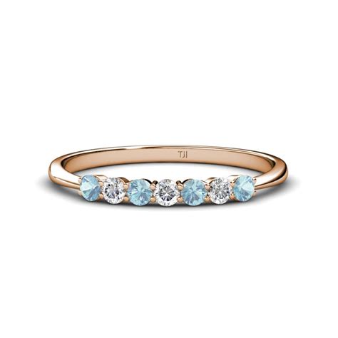 Aquamarine and Diamond 7 Stone Womens Wedding Band Stackable 3/8 ctw 14K Rose Gold | TriJewels