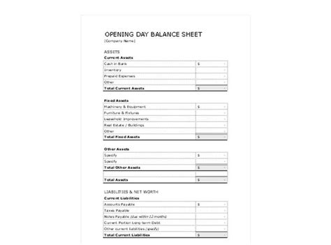 Opening Day Balance Sheet | Opening Day Balance Sheet Template