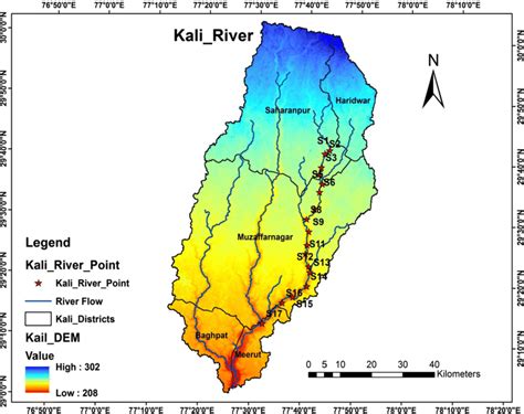 Sampling stations (S1 to S17); map of Kali River in Uttar Pradesh ...