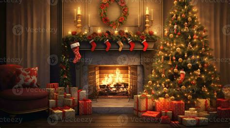 Cozy Christmas interior with a glowing tree, fireplace, and presents ...