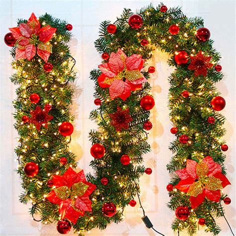 Pre-Lit Christmas Garland, Realistic Christmas Garland with 200 Tips, 9ft Christmas Rattan ...