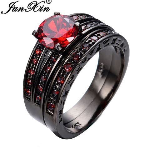 JUNXIN Size 6/7/8/9/10 Red Jewelry 2pcs Red Fashion Engagement Ring Set Black Gold Filled Rings ...