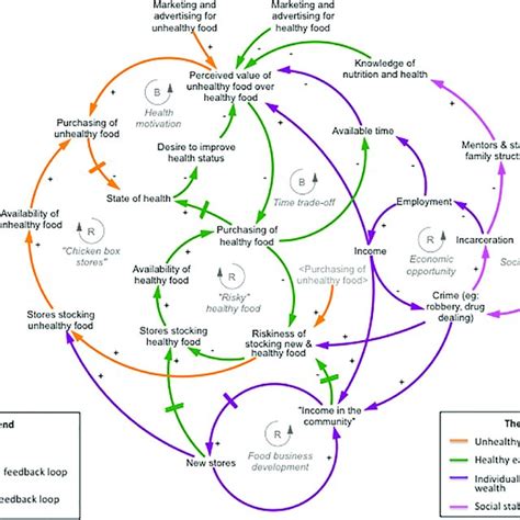 Themes and feedback loops in the synthesized causal loop diagram,... | Download Scientific Diagram