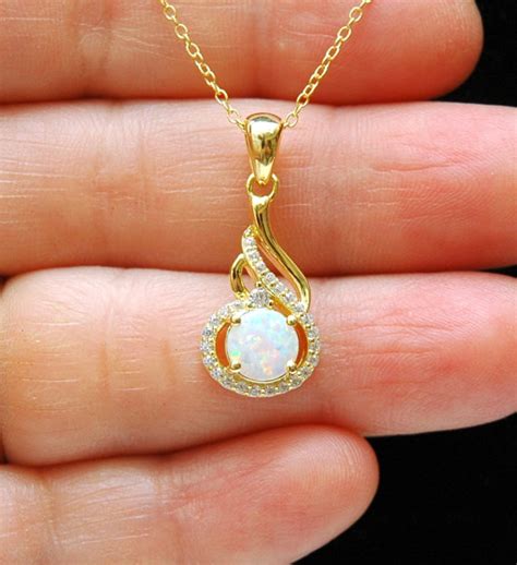 Gold CZ & White Opal Necklace, October Birthstone Necklace, Sterling Silver Opal Pendant, Opal ...