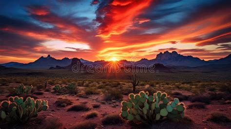 Wild West Texas Desert Landscape with Sunset with Mountains and Cacti ...