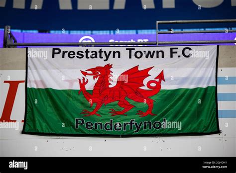 Cardiff, UK. 08th Sep, 2021. Prestatyn Town FC flag ahead of the game. Wales v Estonia in a 2022 ...