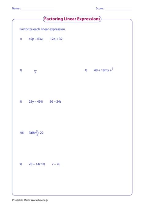 Factoring Linear Expressions printable pdf download