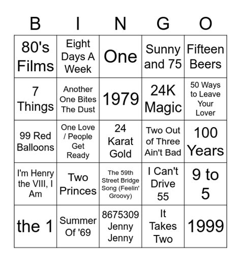 Songs With A Number In The Title Bingo Card