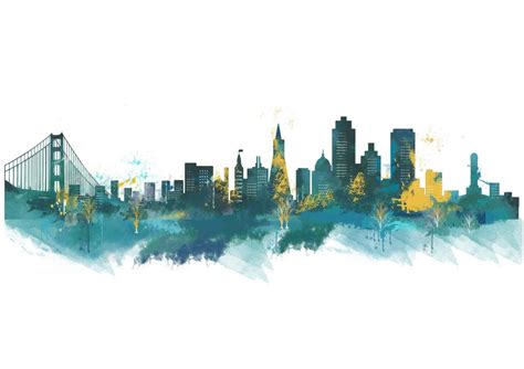 San Francisco City Skyline Art Print in Teal, Watercolour Abstract Art Print Poster, New York ...