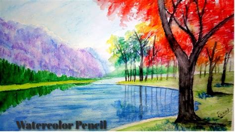 Landscape Painting using watercolor pencil/watercolor paintings Tutorial | Watercolor scenery ...