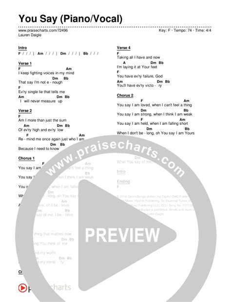 You Say (Piano) Chords PDF (Lauren Daigle) - PraiseCharts