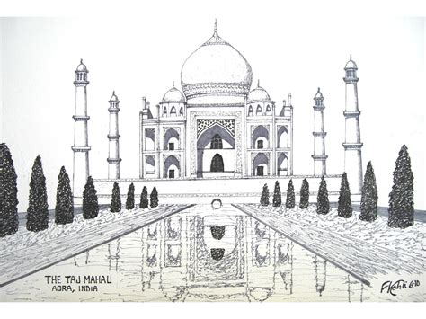 TAJ MAHAL - Pen and ink drawing by Frederic Kohli of the Taj Mahal Temple in Agra, India,which ...