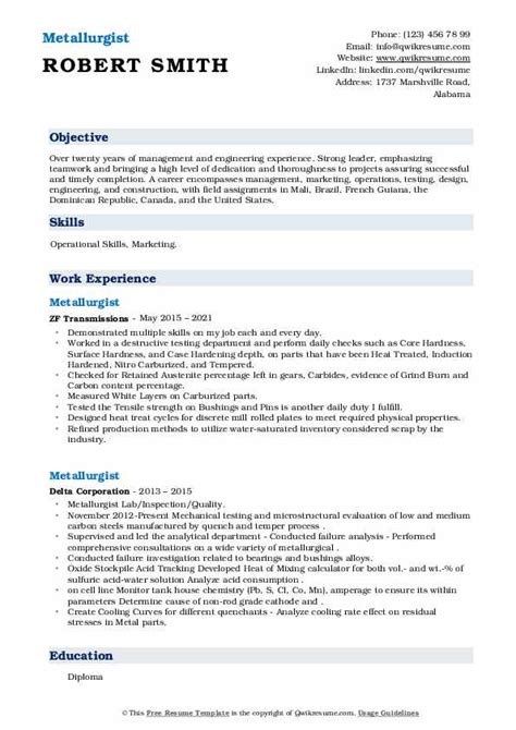 Metallurgist Resume Samples | QwikResume