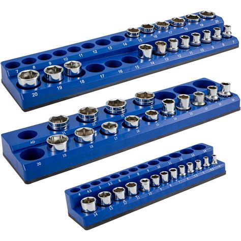 VEVOR Magnetic Socket Organizer Socket Holder 3 pcs 1/2, 3/8, 1/4-in Metric Blue | VEVOR US