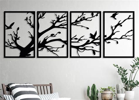 Black Metal Tree Wall Art (4 Panel) - BrossHome