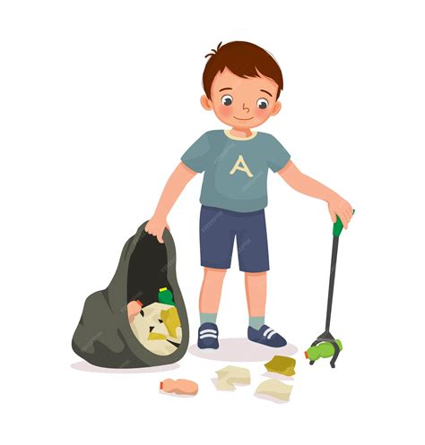 Premium Vector | Little boy picking up trash waste with litter picker ...