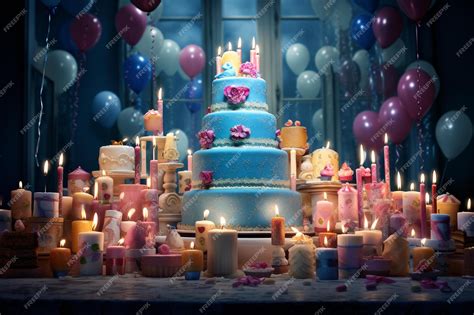 Premium AI Image | A birthday cake with a blue cake and balloons on it