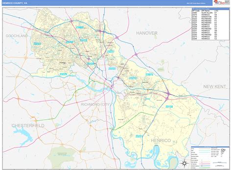 Henrico County, VA Zip Code Wall Map Basic Style by MarketMAPS