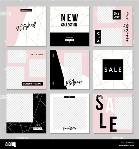 A set of nine editable templates for Instagram posts in pastel pink, white, gold and black Stock ...