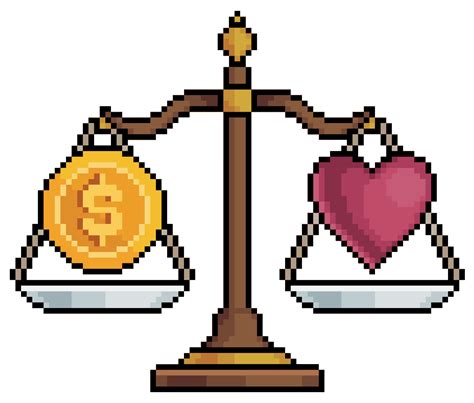 Pixel art scales with money and heart, scales of law vector icon for ...