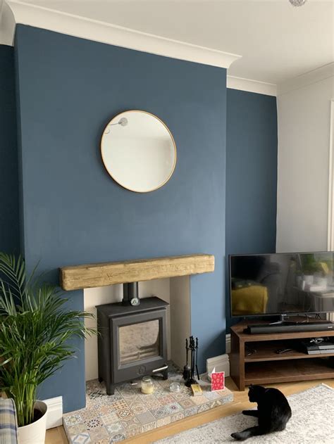 Stiffkey Blue feature was | Blue walls living room, Log burner living room, Feature wall living room