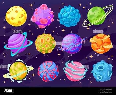 Fantasy cartoon planets. Multicolor cosmic planet objects for game design, fantastic galaxy ...